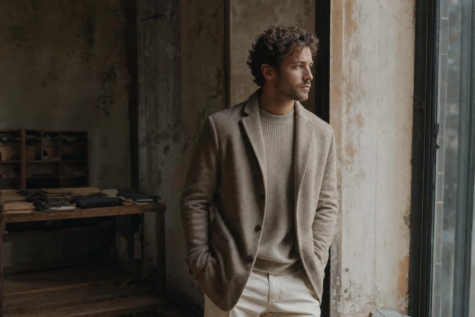 Menswear flat lay of tailored outerwear and knitwear on a neutral studio backdrop